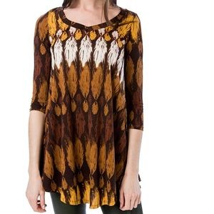 SALE Feather Print Tunic Top Brown Multi Non-wrinkle